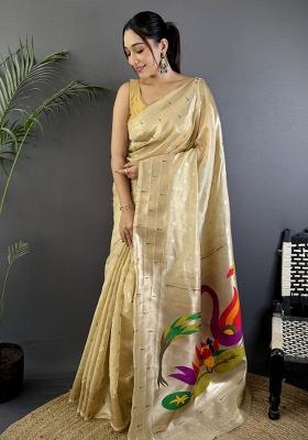 Beige Solid Silk Saree Set