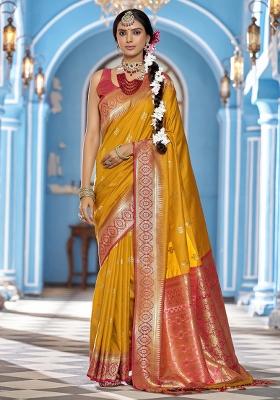 Mustard Solid Silk Saree Set
