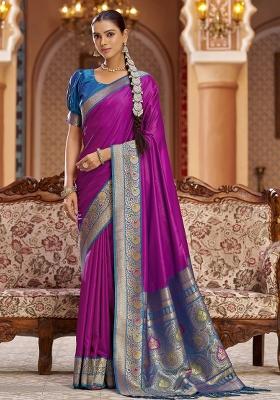 Pink Solid Silk Saree Set