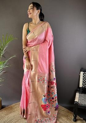 Rose Pink Solid Silk Saree Set
