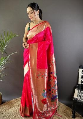 Pink Solid Silk Saree Set