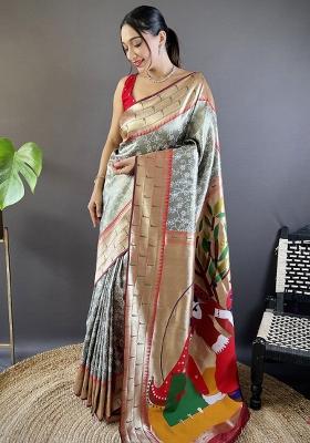 Grey Solid Silk Saree Set