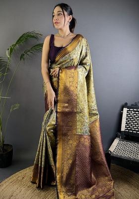 Grey Solid Silk Saree Set