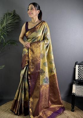 Beige Solid Silk Saree Set