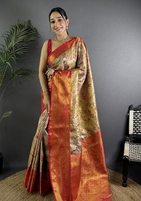 Beige Solid Silk Saree Set