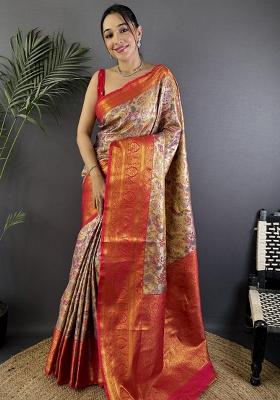 Pink Solid Silk Saree Set