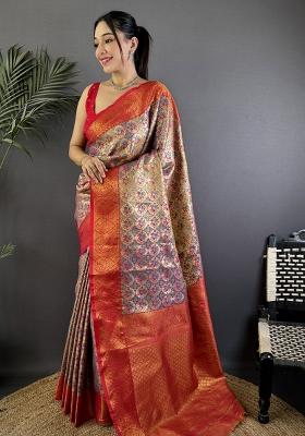 Purple Solid Silk Saree Set