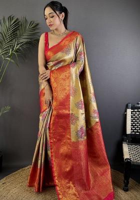 Gold Solid Silk Saree Set