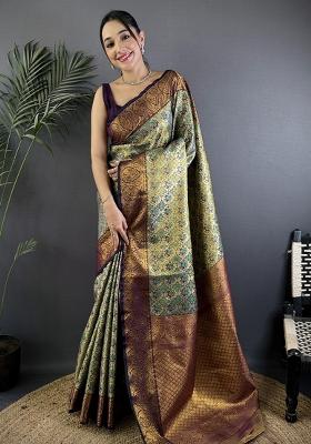 Grey Solid Silk Saree Set