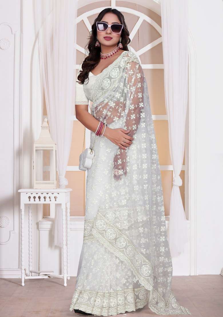White Embroidered Net Saree Set for Diwali and Festive Wear - Indya