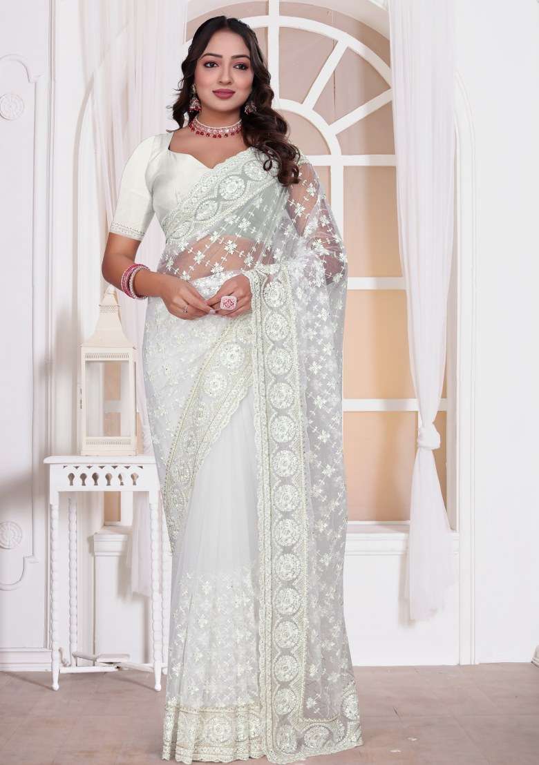 White Embroidered Net Saree Set for Diwali and Festive Wear - Indya