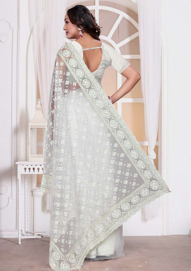 White Embroidered Net Saree Set for Diwali and Festive Wear - Indya