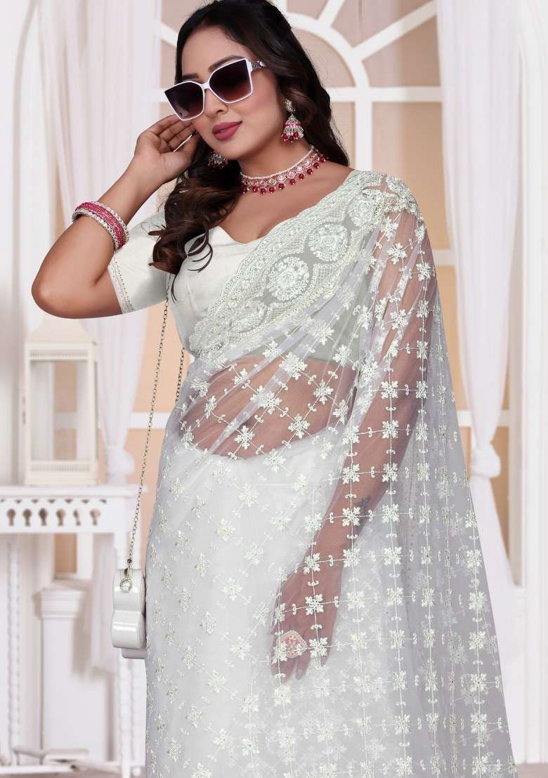 White Embroidered Net Saree Set for Diwali and Festive Wear - Indya