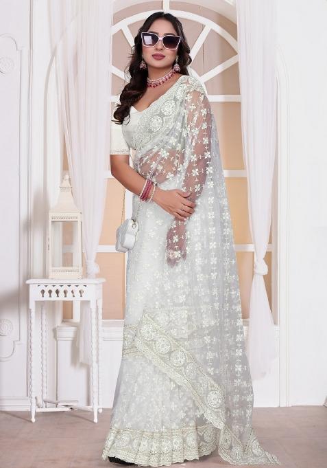 White Embroidered Net Saree Set