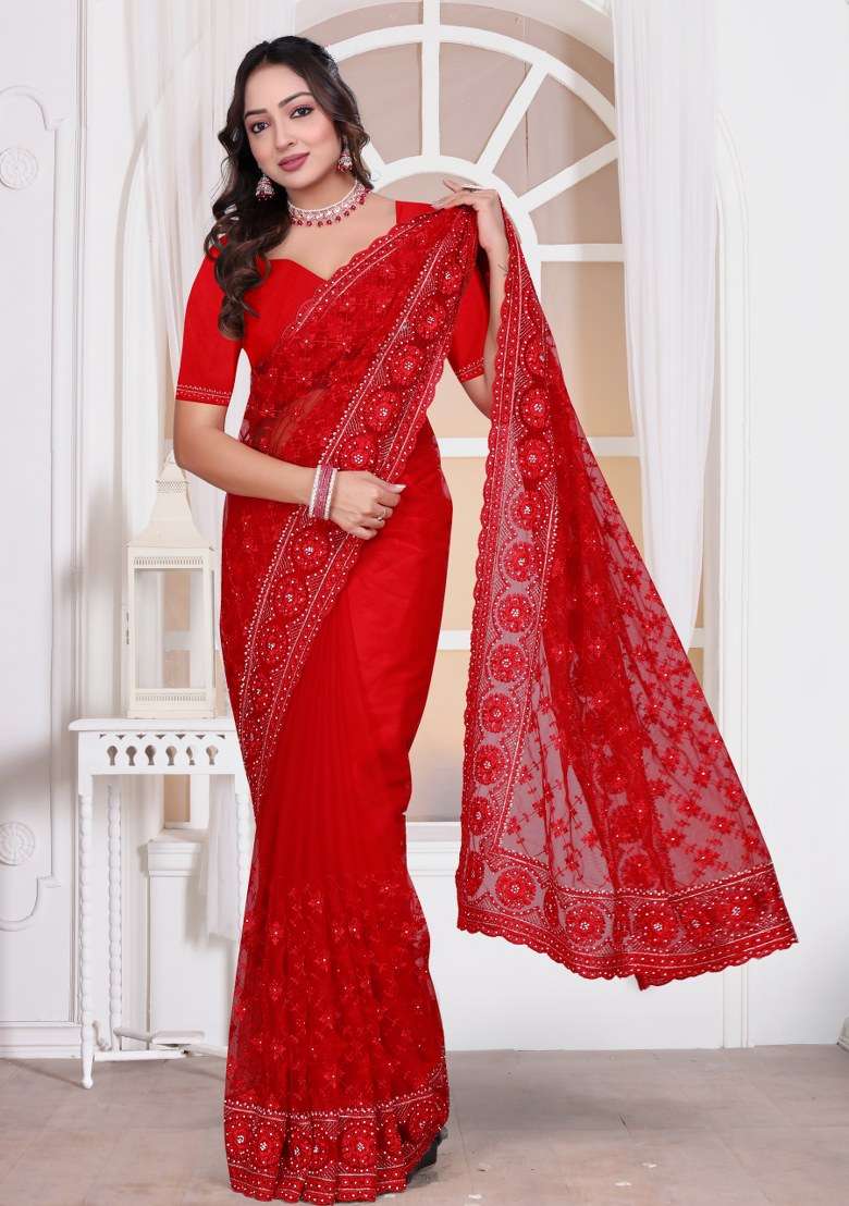 Red Embroidered Net Saree Set for Diwali and Festive Wear - Indya
