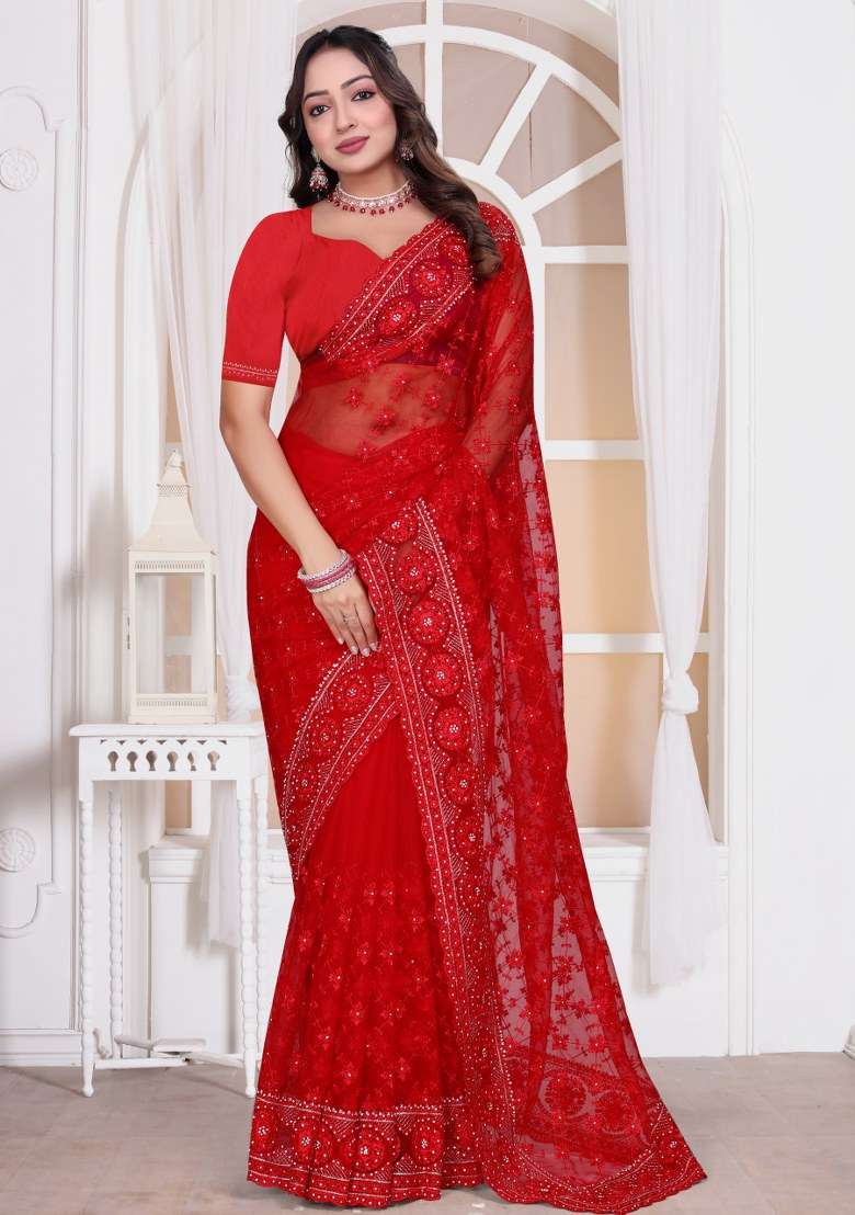 Red Embroidered Net Saree Set for Diwali and Festive Wear - Indya