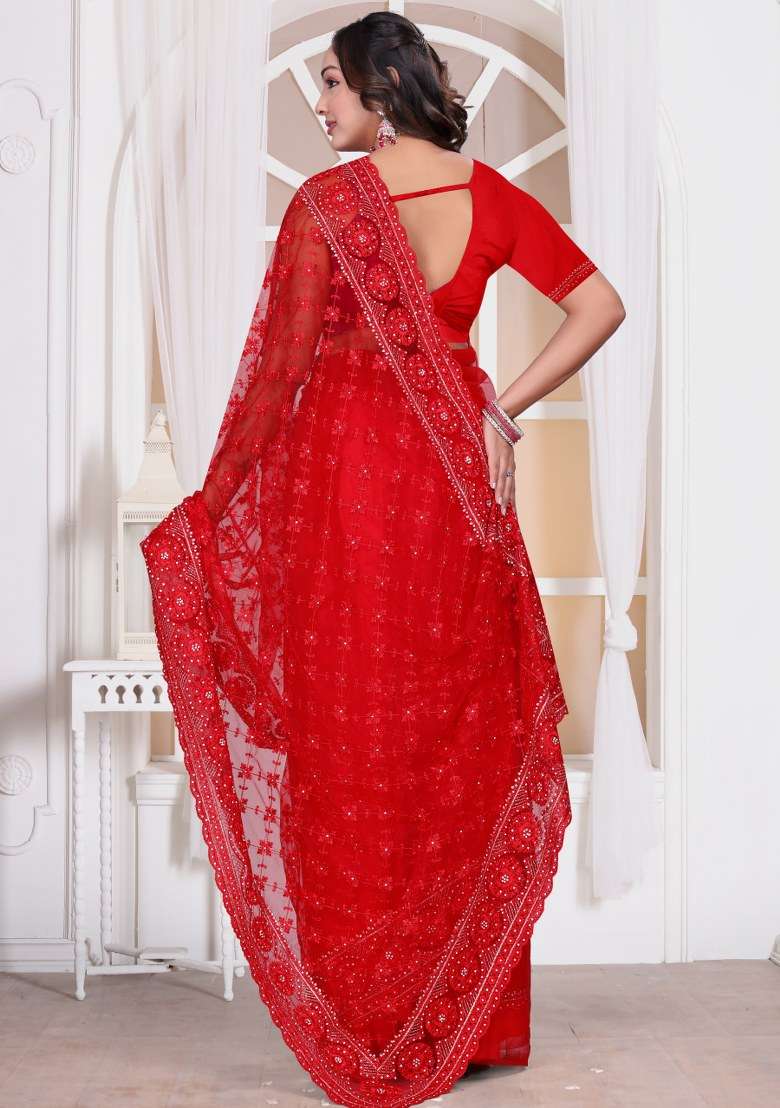 Red Embroidered Net Saree Set for Diwali and Festive Wear - Indya