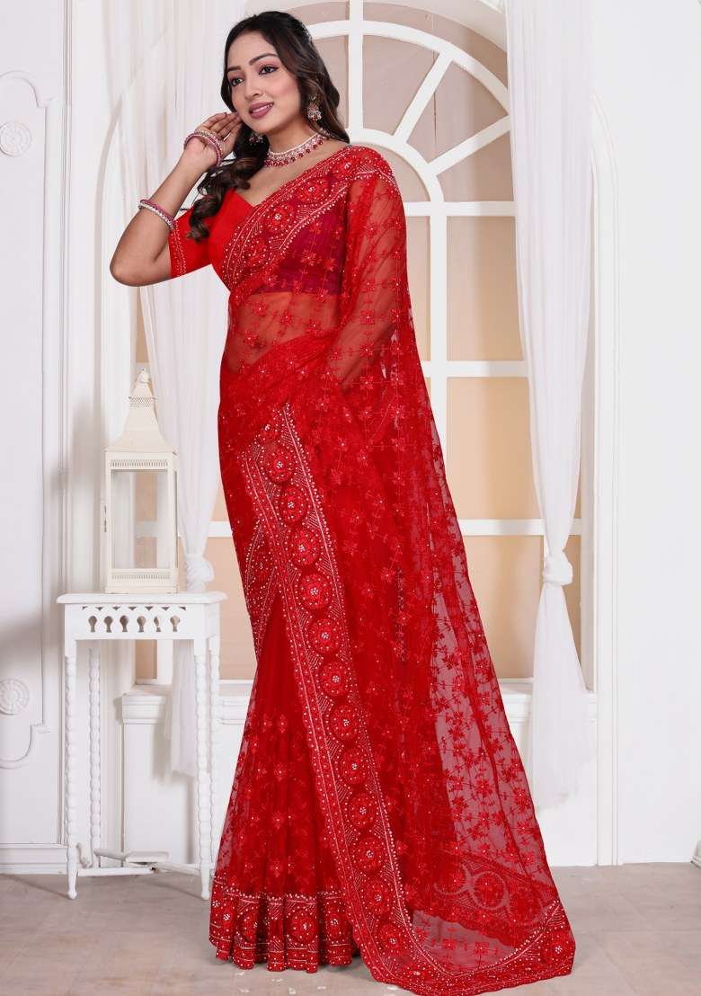 Red Embroidered Net Saree Set for Diwali and Festive Wear - Indya