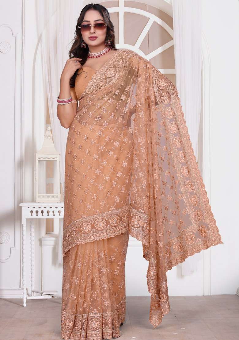 Peach Embroidered Net Saree Set for Diwali and Festive Wear - Indya