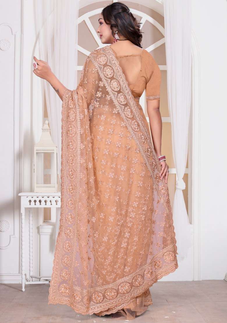 Peach Embroidered Net Saree Set for Diwali and Festive Wear - Indya