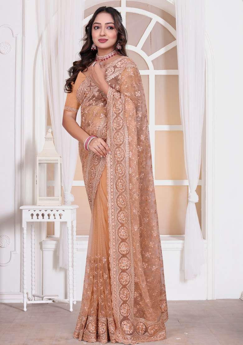 Peach Embroidered Net Saree Set for Diwali and Festive Wear - Indya
