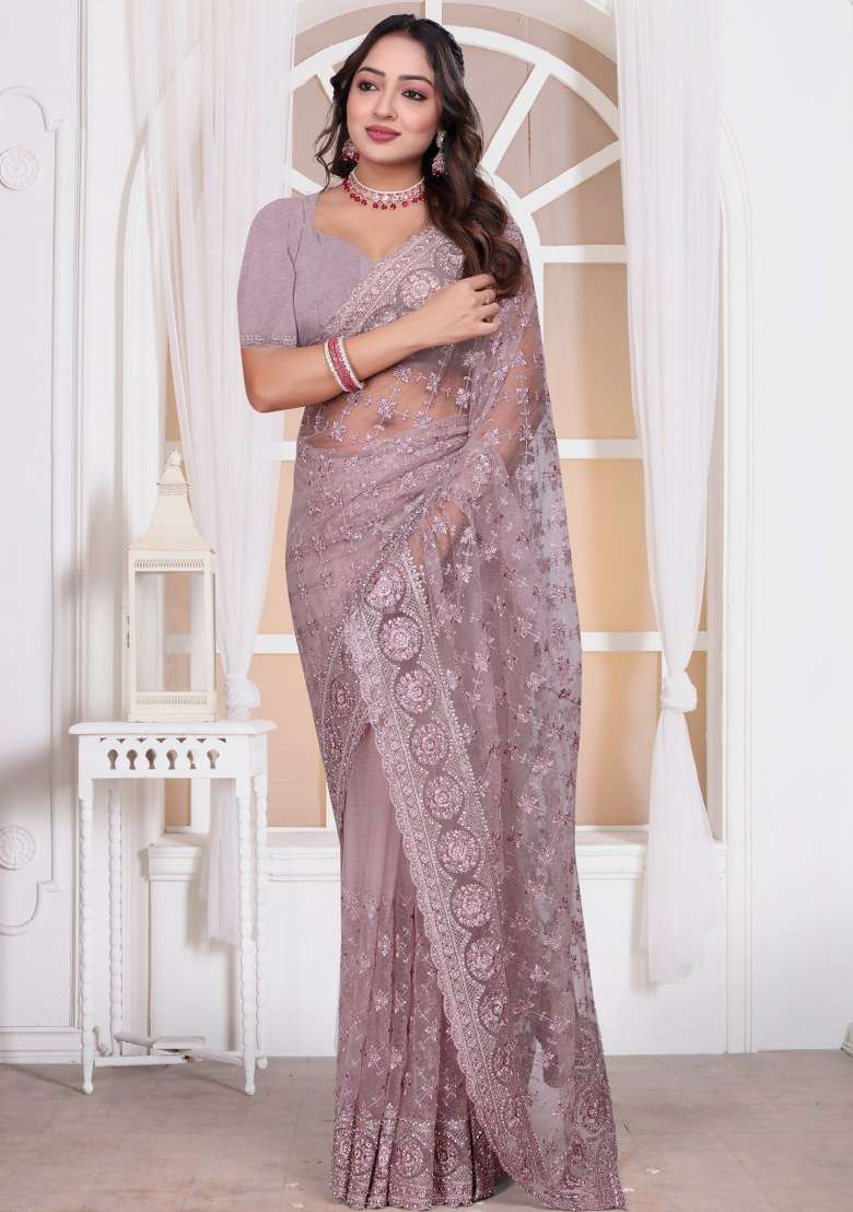 Lavender Net Saree Set with Embroidered for Diwali | Wedding & Festive Wear - Indya