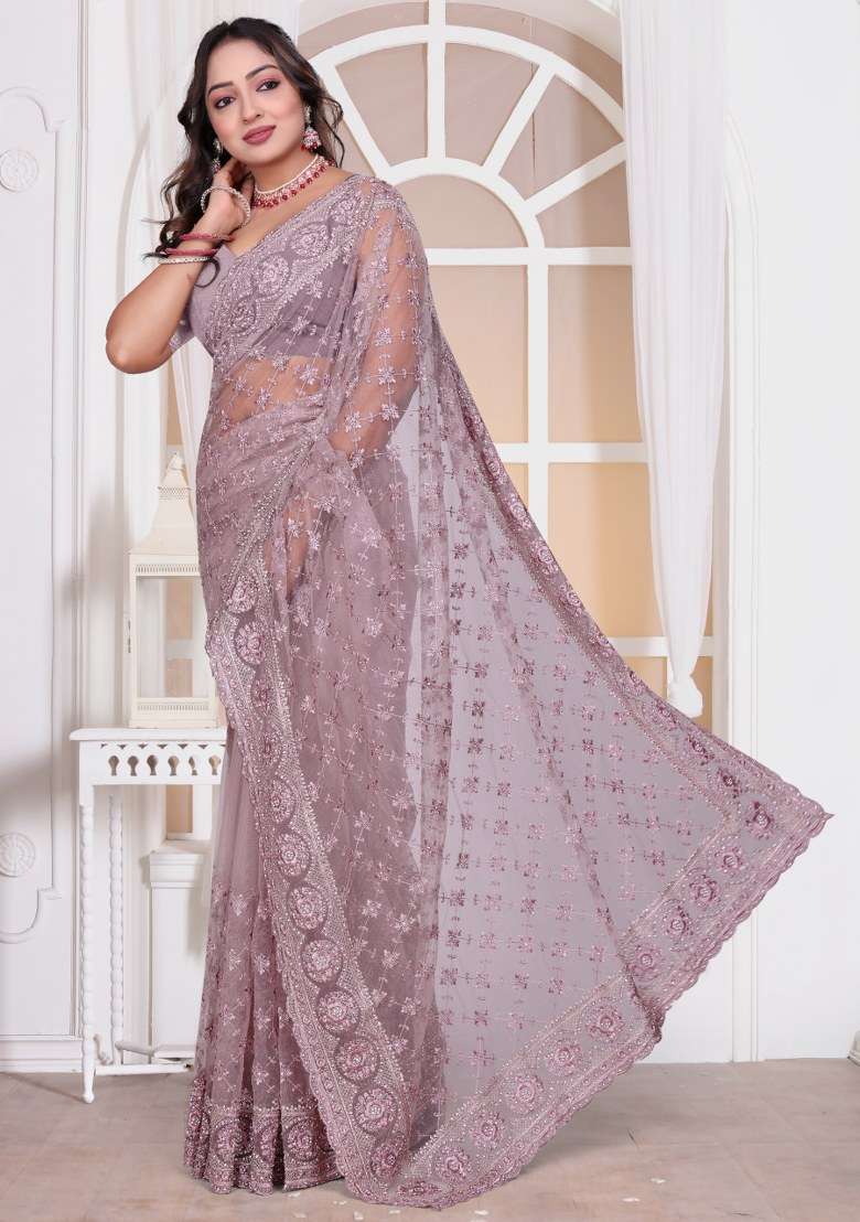 Lavender Net Saree Set with Embroidered for Diwali | Wedding & Festive Wear - Indya