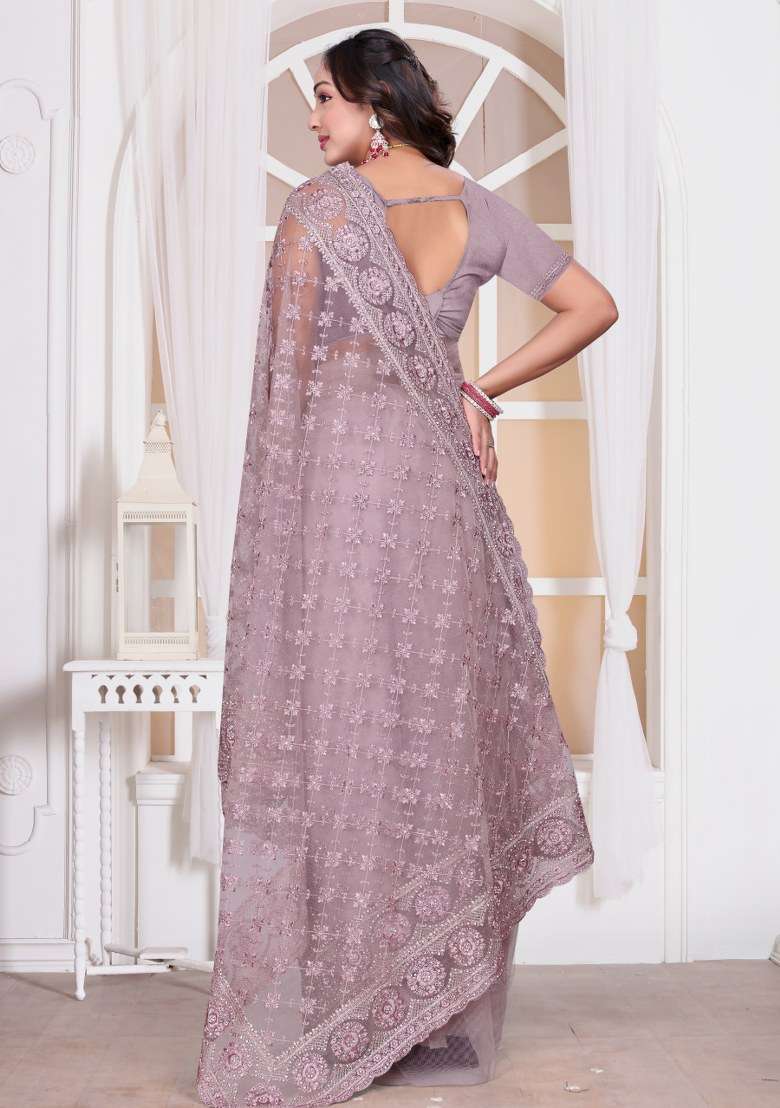 Lavender Net Saree Set with Embroidered for Diwali | Wedding & Festive Wear - Indya
