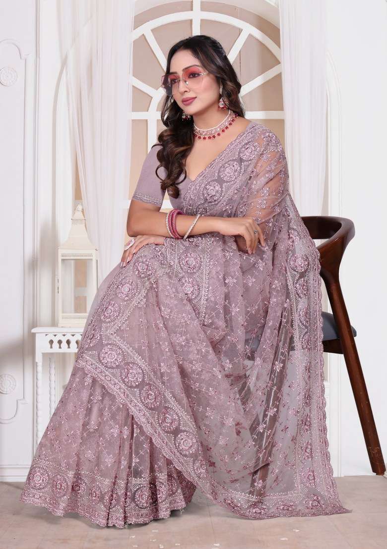 Lavender Net Saree Set with Embroidered for Diwali | Wedding & Festive Wear - Indya