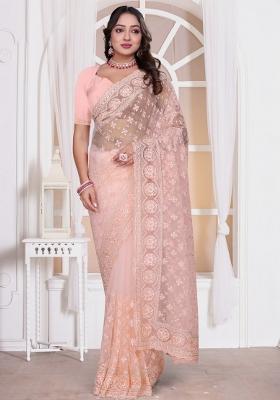 Light Peach Embroidered Net Saree Set
