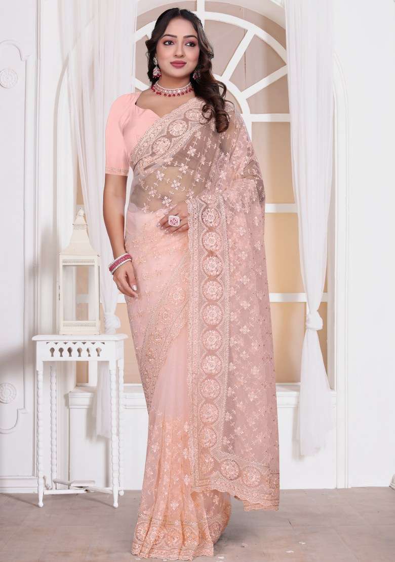 Light Peach Embroidered Net Saree Set for Diwali and Festive Wear - Indya