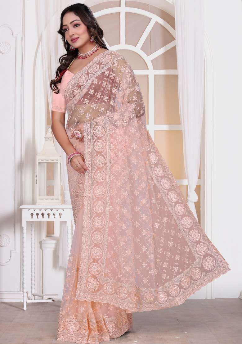 Light Peach Embroidered Net Saree Set for Diwali and Festive Wear - Indya