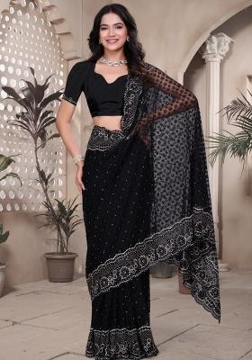 Black Embroidered Net Saree Set