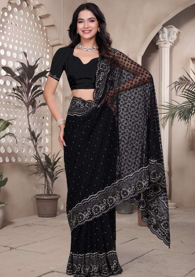 Black Net Saree Set with Embroidered for Diwali | Wedding & Festive Wear - Indya