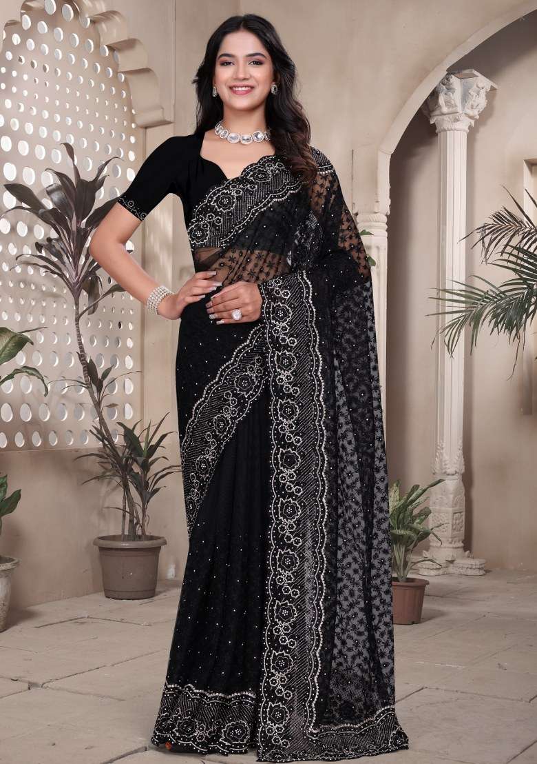 Black Net Saree Set with Embroidered for Diwali | Wedding & Festive Wear - Indya