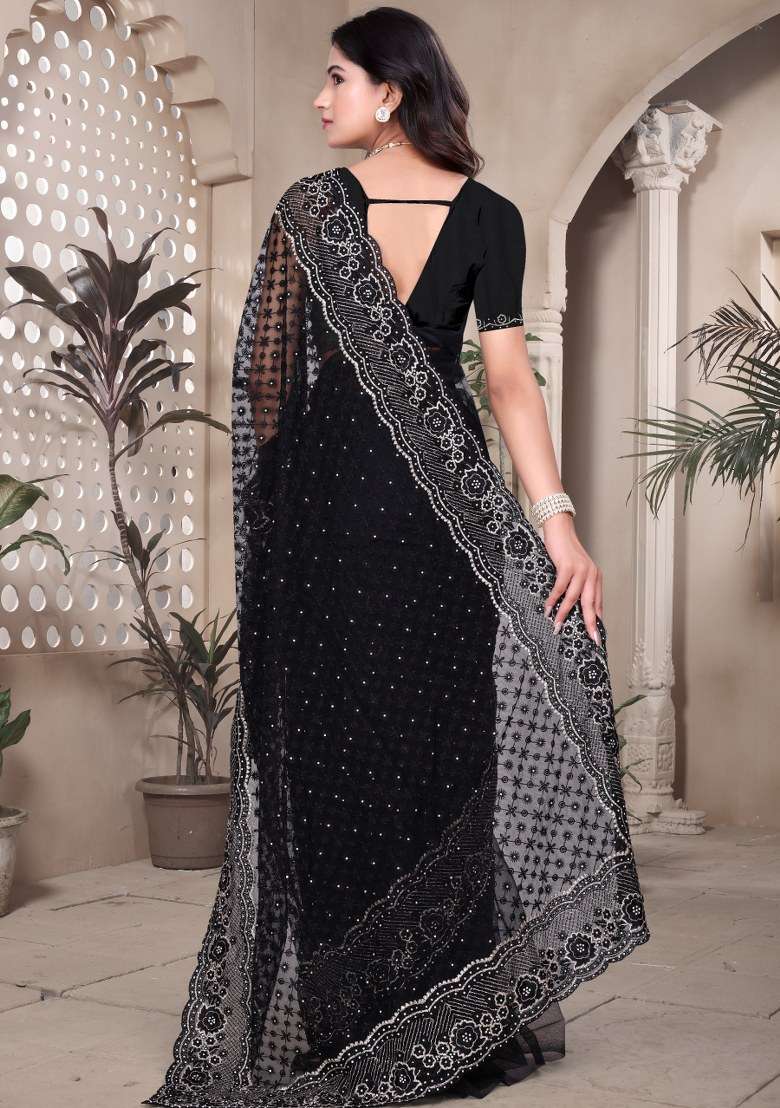 Black Net Saree Set with Embroidered for Diwali | Wedding & Festive Wear - Indya