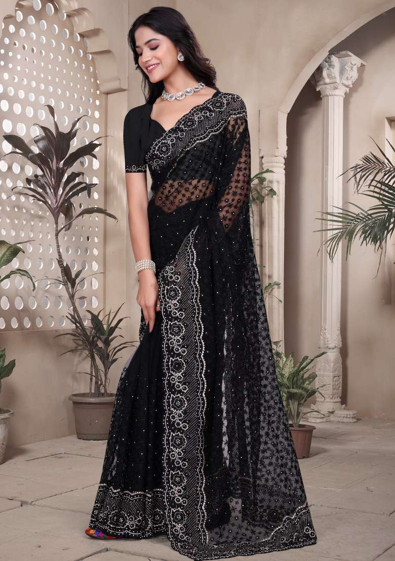 Black Net Saree Set with Embroidered for Diwali | Wedding & Festive Wear - Indya