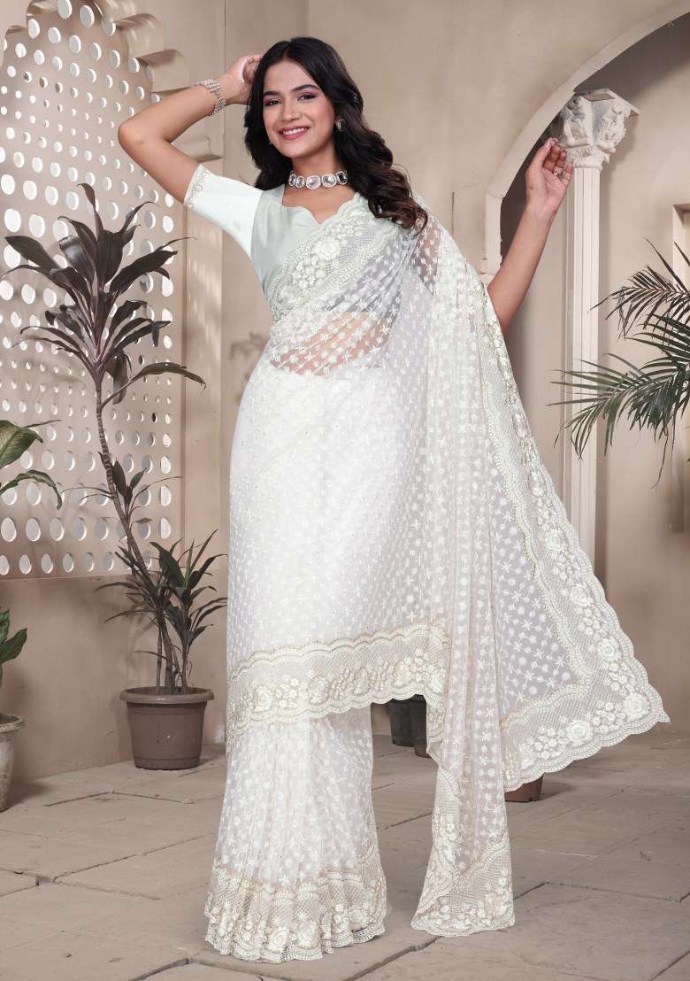 White Embroidered Net Saree Set - Indya
