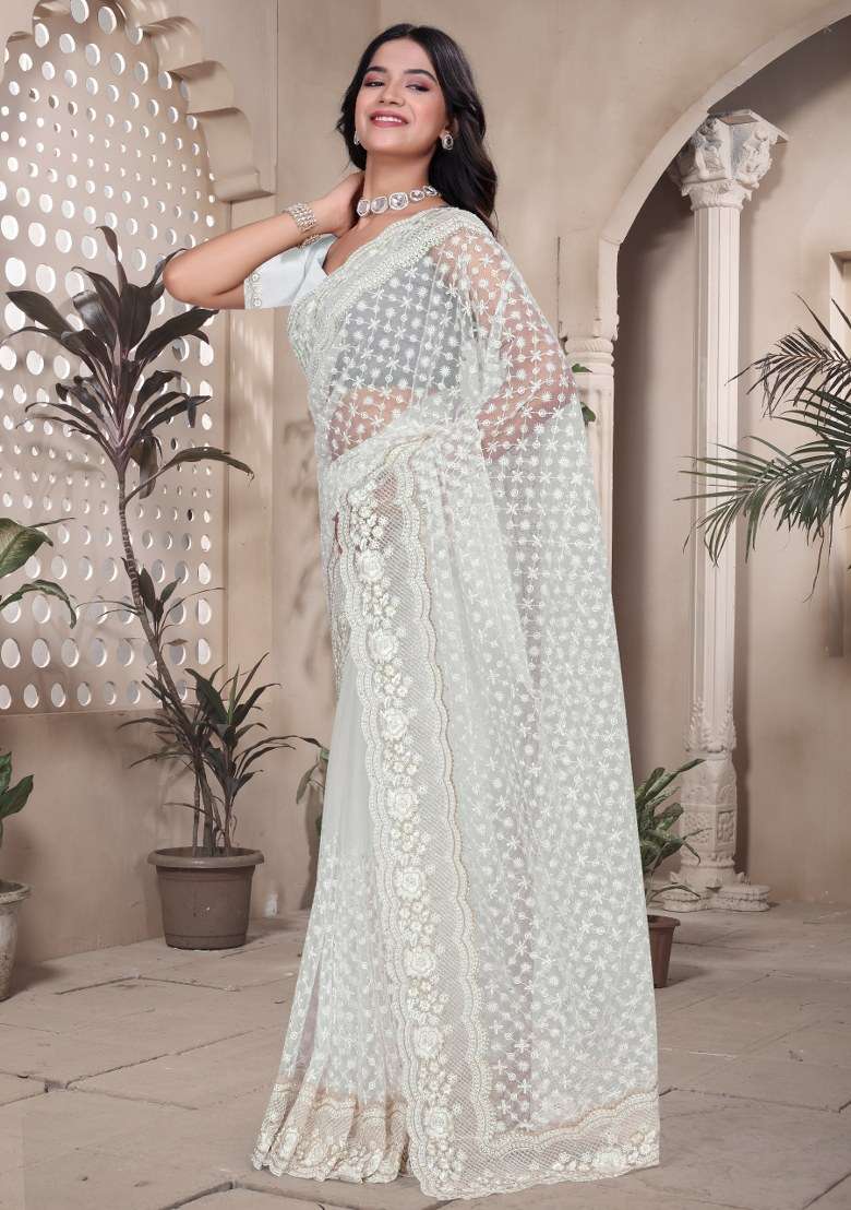 White Embroidered Net Saree Set - Indya
