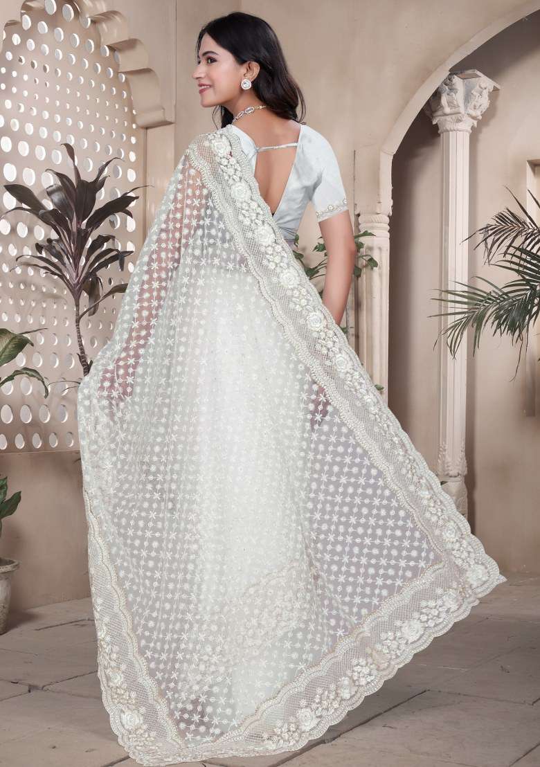 White Embroidered Net Saree Set - Indya