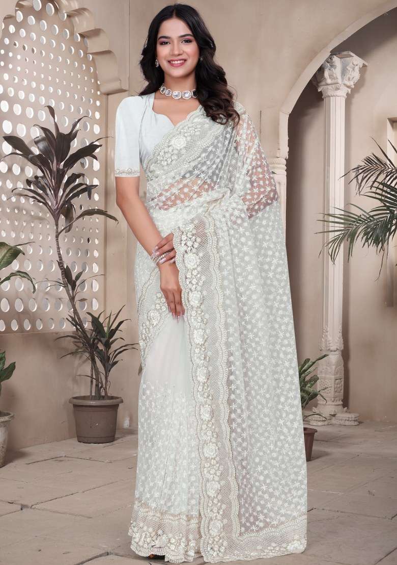 White Embroidered Net Saree Set - Indya