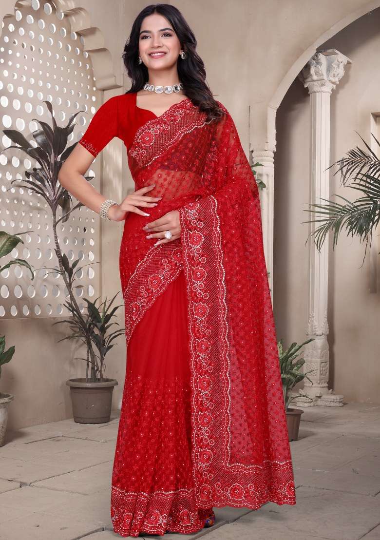 Red Net Saree Set with Embroidered for Diwali | Wedding & Festive Wear - Indya