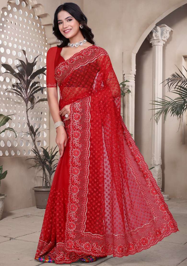 Red Net Saree Set with Embroidered for Diwali | Wedding & Festive Wear - Indya