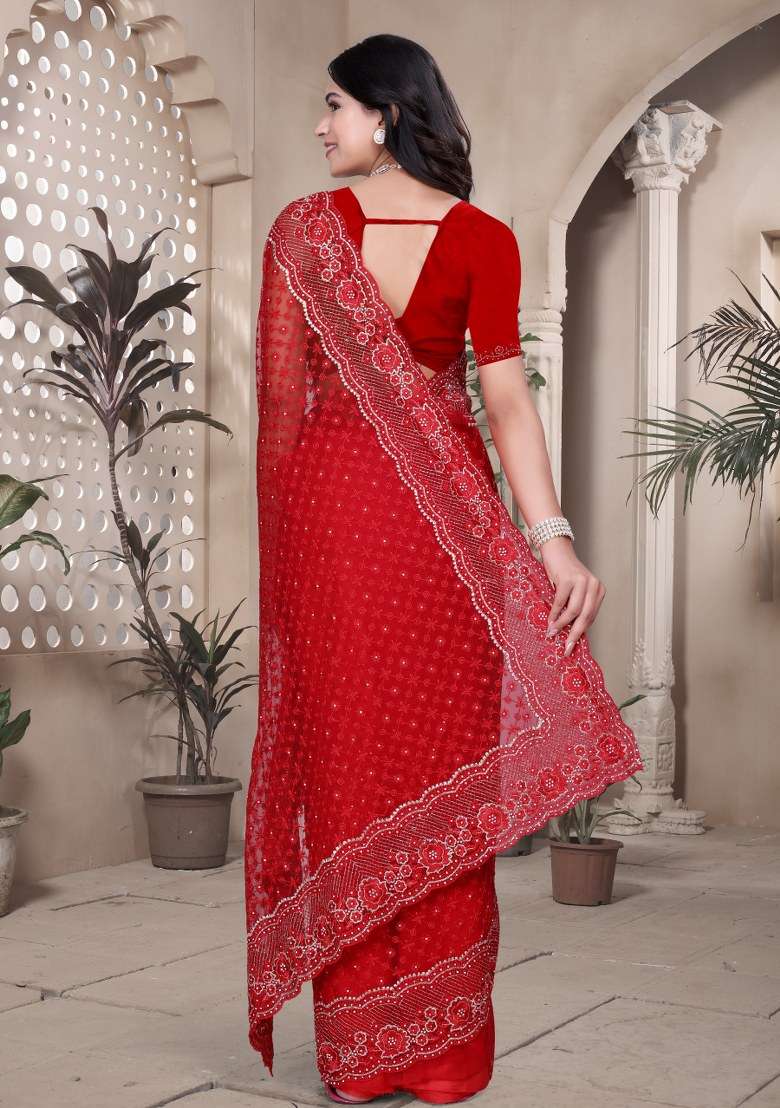 Red Net Saree Set with Embroidered for Diwali | Wedding & Festive Wear - Indya