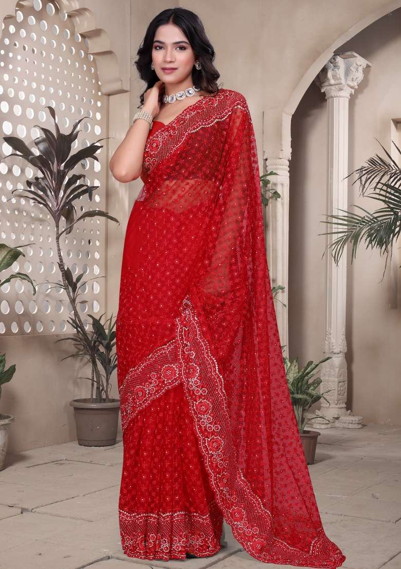 Red Net Saree Set with Embroidered for Diwali | Wedding & Festive Wear - Indya