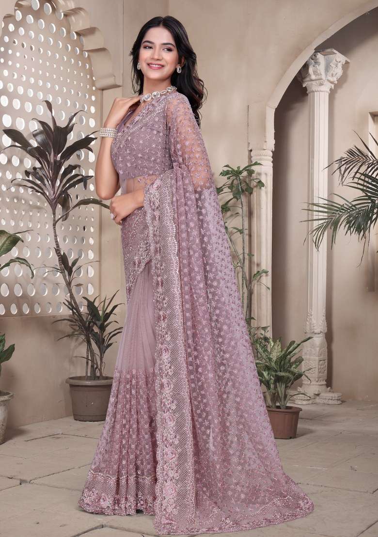 Lavender Embroidered Net Saree Set - Indya