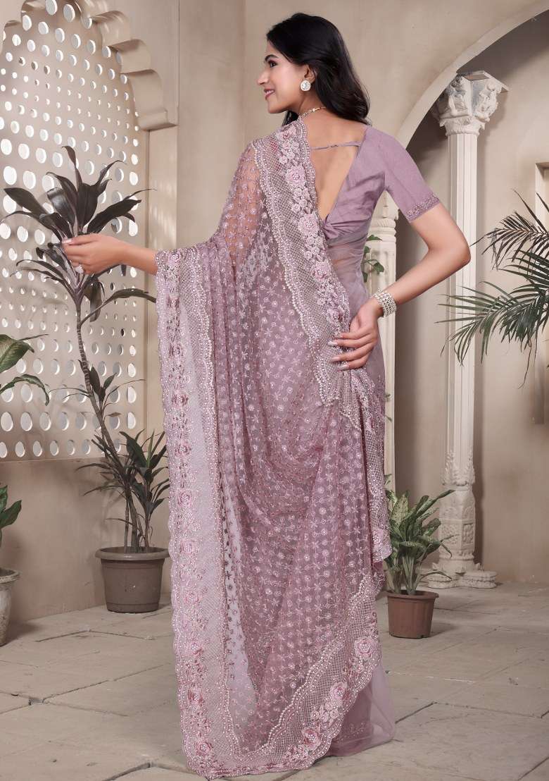 Lavender Embroidered Net Saree Set - Indya