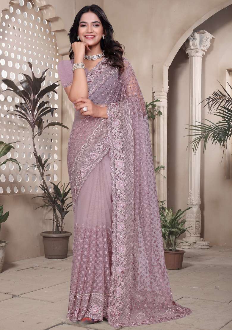 Lavender Embroidered Net Saree Set - Indya