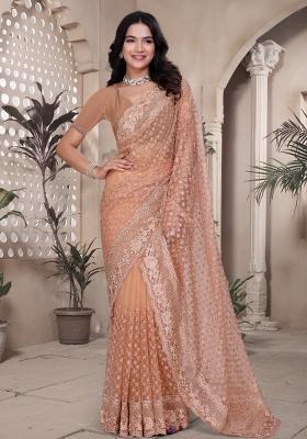 Peach Embroidered Net Saree Set