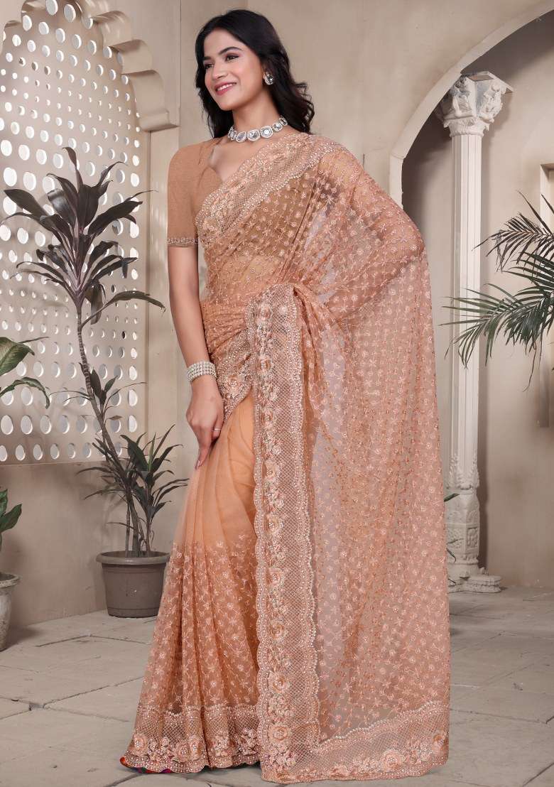 Peach Embroidered Net Saree Set for Diwali and Festive Wear - Indya